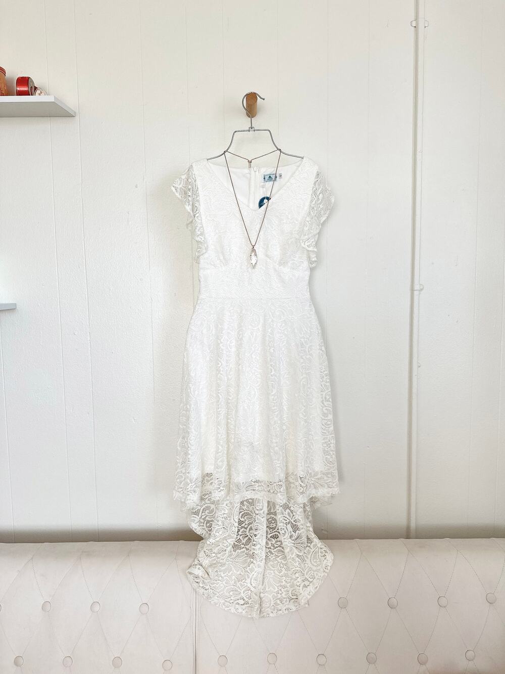 Zapaka White Floral Lace High Low Lined Bridal Dress V Neck Sleeveless Western S